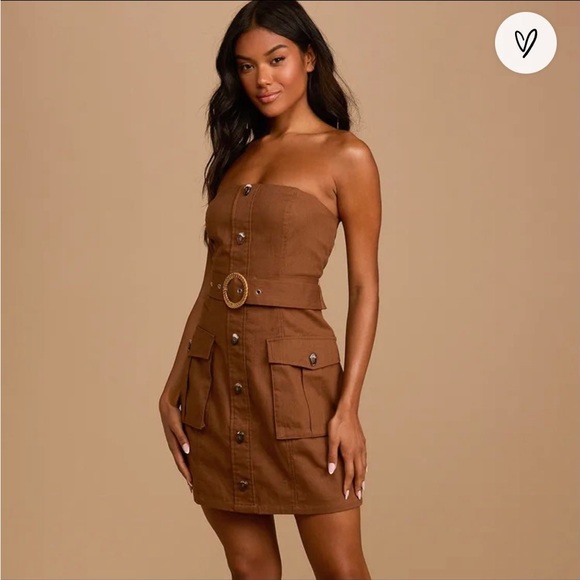 Lulus Dresses & Skirts - Lulu’s Strapless Brown Dress with Rattan Belt Soze XS